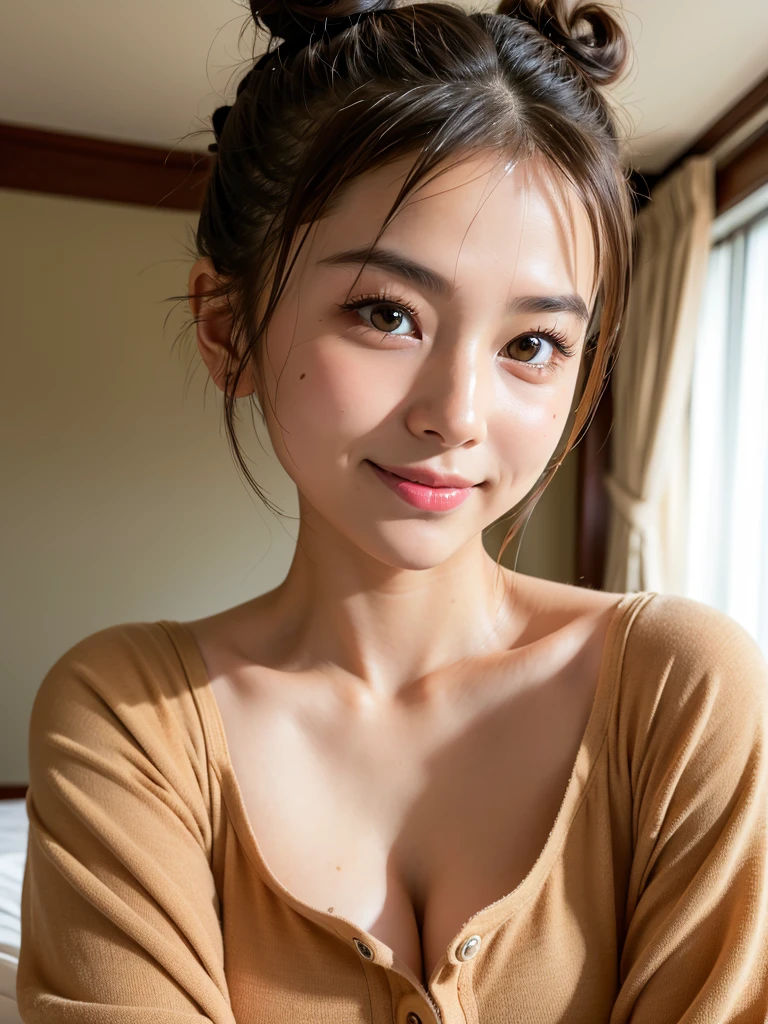 highest quality, Face Focus, Soft Light, Ultra-high resolution, (Realistic:1.4), RAW Photos,
1 Japanese girl, alone, cute, (pupil, Light in your eyes),  Beautiful face in every detail, ,(High resolution detail of human skin texture),
(double bun:1.5),
indoor,On the bed、Luxury hotel bedroom
, pajamas、
(Portraiture)、embarrassed、blush、Smile 1.1