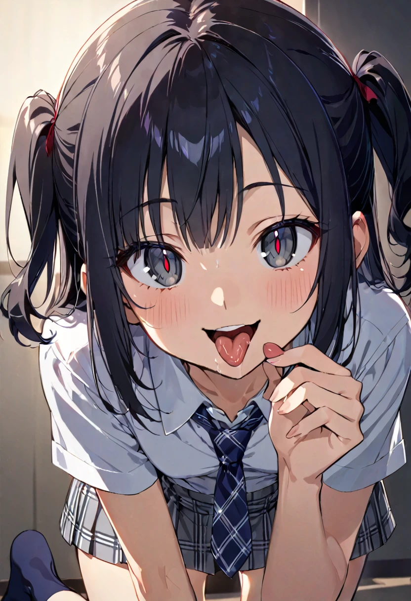 Licking a man's chest,handjob,side view,face focus,open mouth,tongue out,cum on tongue,(1girl,Beautiful girl),((Slender,Small breasts,Baby Face,S,)),looking at viewer,Black Hair,bangs,two side up,Gray Eyes,Drooping eyes,slit pupils,narrow eyes,,Short sleeve shirt,Grey checked tie,Grey checked mini skirt,Navy blue socks,Beautiful and detailed anime art,Mischievous smile,Dimly lit room,Simple Background,Gray background,Low lighting