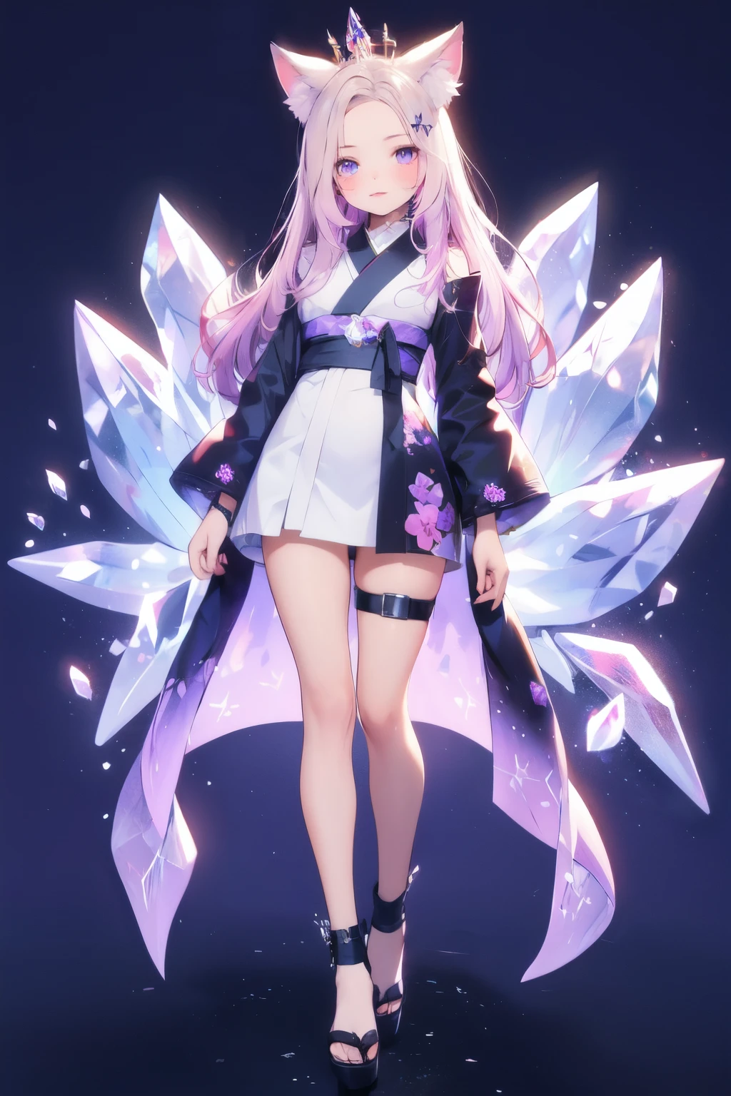 detailed eyes, detailed hands, full body image, humanoid kitsune, crystal crown, kimono clothing, light purple hair, light purple fox ears, crystal foxtails shape, crystallize foxtails shape, crystal forehead markings