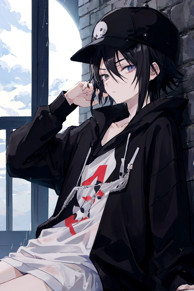 Anime photo with a thin black-haired boy leaning against the wall on the right and looking at his body and face to the left, He has a black cap with a black sweatshirt and in the background there is a moon and it is night, the boy looks down sadly and it rains, 4k