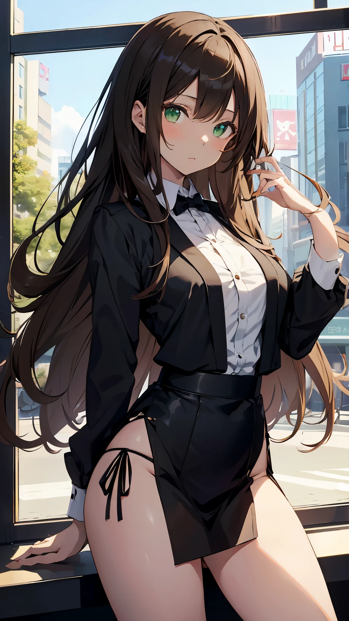 Shibuya rin, 1 girl, brunette, long hair, green eyes, dark shiny skin, White shirt, black tie, high detail, Luxurious view, bare legs, USA, brown hair