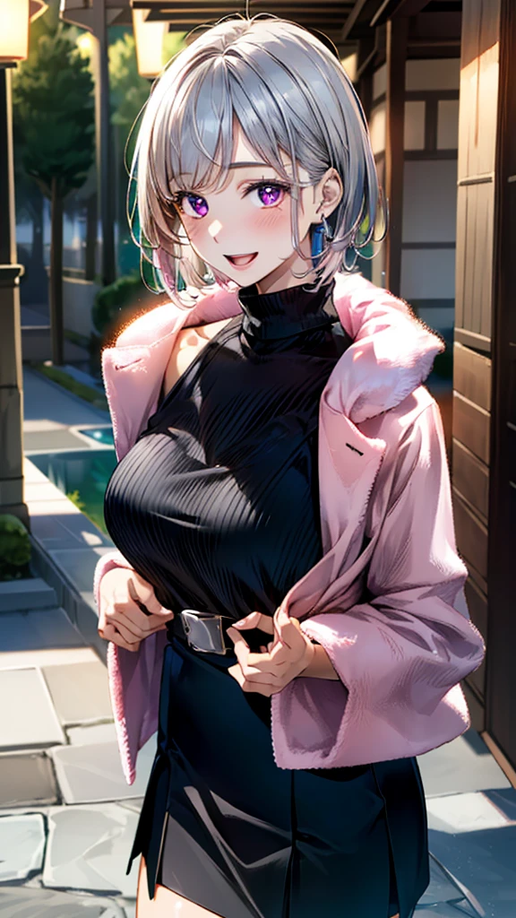 (masterpiece:1.3, top-quality, ultra high res, ultra detailed), (realistic, photorealistic:1.4), beautiful illustration, perfect lighting, natural lighting, colorful, depth of fields,
beautiful detailed hair, beautiful detailed face, beautiful detailed eyes, beautiful clavicle, beautiful body, beautiful chest, beautiful thigh, beautiful legs, beautiful fingers,
looking at viewer, 1 girl, japanese, high school girl, perfect face, (perfect anatomy, anatomically correct), cute and symmetrical face, babyface, , shiny skin,
(short hair:1.5, pixie cut:1.4, silver hair), swept bangs, cliped bangs, dark purple eyes, long eye lasher, (medium breasts), slender,
(((long sleeve pink fur jacket, round-neck black sweater, tight skirt)), belt, necklace, ,
(beautiful scenery), evening, (hot spring town), standing, hands on chest, (seductive smile, open mouth),