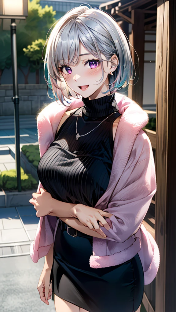 (masterpiece:1.3, top-quality, ultra high res, ultra detailed), (realistic, photorealistic:1.4), beautiful illustration, perfect lighting, natural lighting, colorful, depth of fields,
beautiful detailed hair, beautiful detailed face, beautiful detailed eyes, beautiful clavicle, beautiful body, beautiful chest, beautiful thigh, beautiful legs, beautiful fingers,
looking at viewer, 1 girl, japanese, high school girl, perfect face, (perfect anatomy, anatomically correct), cute and symmetrical face, babyface, , shiny skin,
(short hair:1.5, pixie cut:1.4, silver hair), swept bangs, cliped bangs, dark purple eyes, long eye lasher, (medium breasts), slender,
(((long sleeve pink fur jacket, round-neck black sweater, tight skirt)), belt, necklace, ,
(beautiful scenery), evening, (hot spring town), standing, hands on chest, (seductive smile, open mouth),