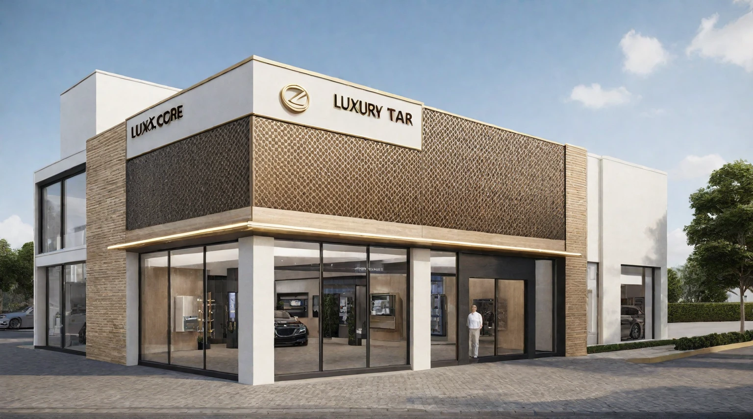 (exterior scene, auto showroom), a rendering of a building with a sign on the front of it, luxury, luxury hd render, luxury brand, luxury advertisement, artist's impression, luxcorerender, concept, wide angle exterior 2022, artist impression, luxury materials, high detailed store, tar - like, artists impression, storefront, luxury item showcase, conceptual, street level view