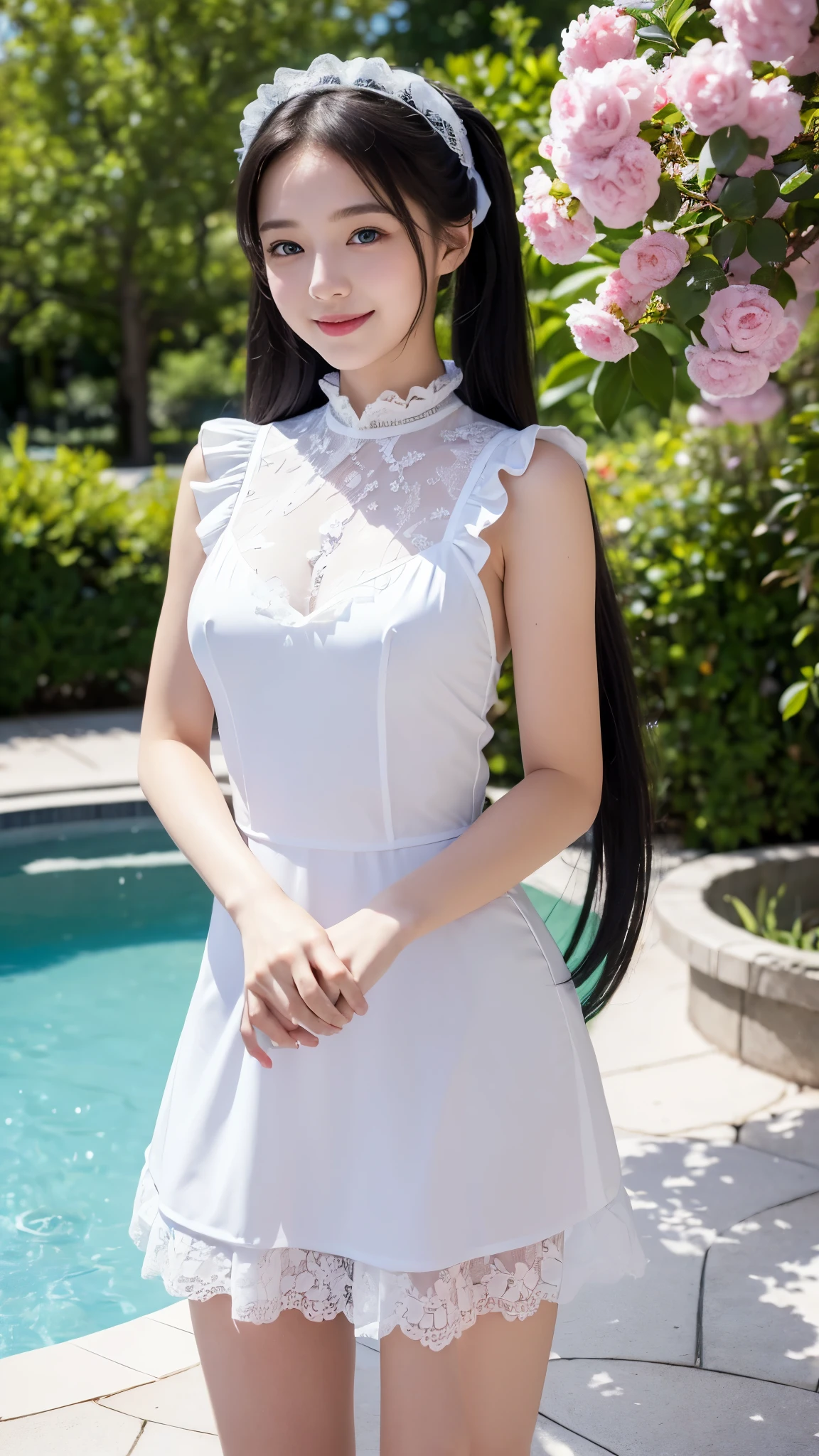 ((masterpiece)), ((highest quality、Ultra high definition)), (Very detailed),8K、Photo quality、((Amazingly cute girl)),( 14-year-old girl), Two people, , (Beautiful emerald blue eyes), ((smile)),In the open-air bath overlooking the sea, Beautifully arranged black hair in twin tails、whole body、Cute lolita maid style swimsuit))、Professional Lighting、(White lace knee-highore detailed and beautiful)、(More details and cutenesore realistic)、(((Just wear light clothing)))、プールではしゃぐ、