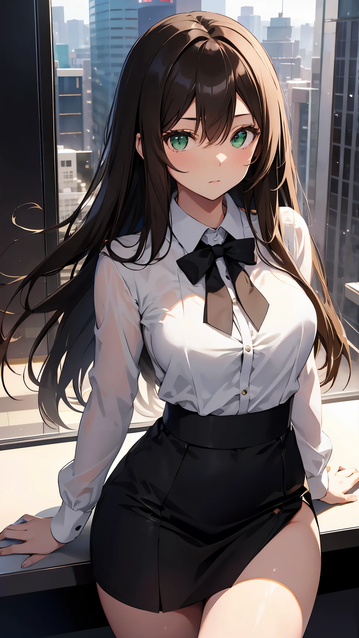 Shibuya rin, 1 girl, brunette, long hair, green eyes, dark shiny skin, White shirt, black tie, high detail, Luxurious view, bare legs, USA brown hair, medium breasts 