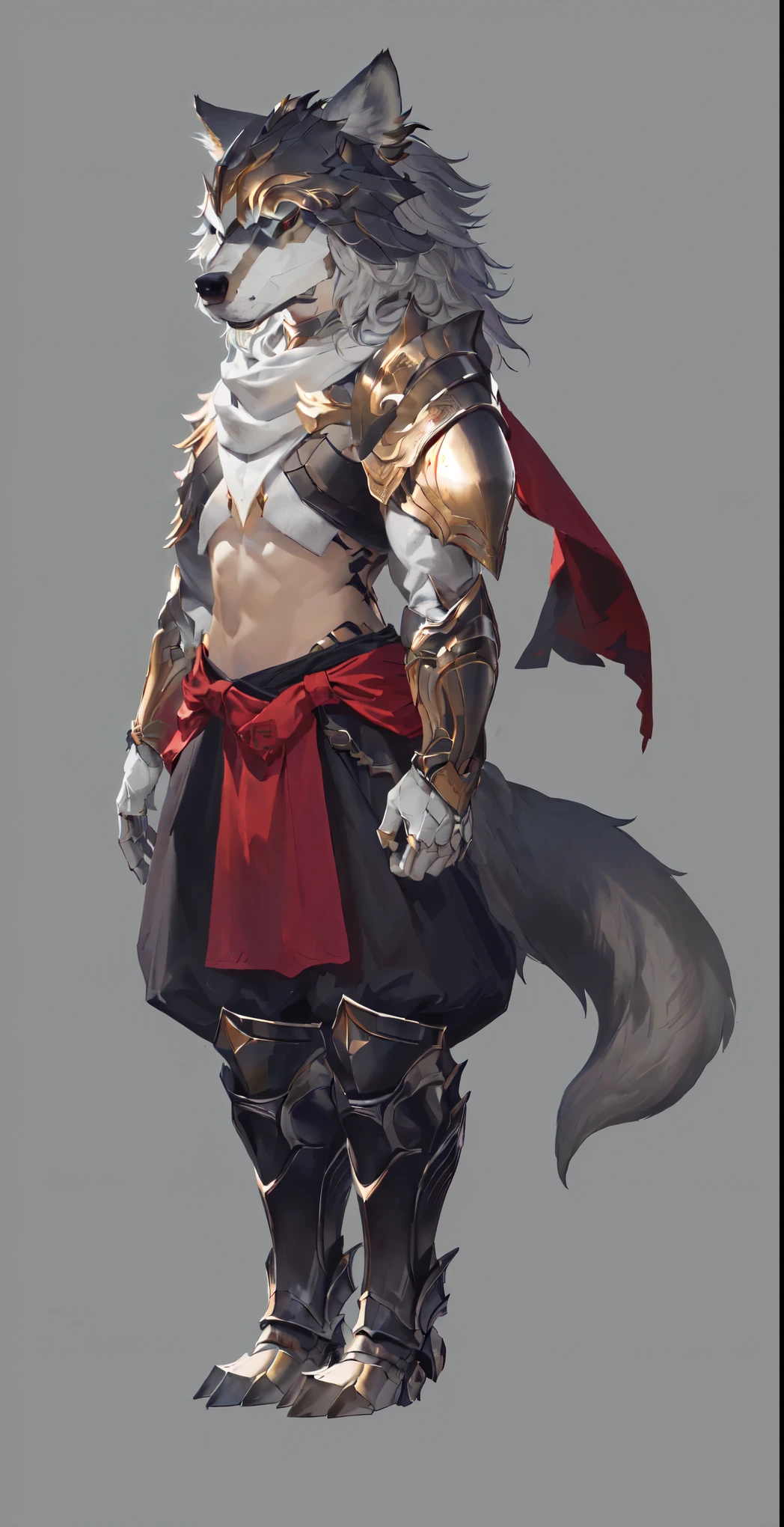 Close-up of man in wolf costume, Wolf-inspired armor, detailed Whole body concept art, detailed Whole body concept, Anthropomorphic wolf girl, Wearing a white scarf，Whole body concept, Wolf Armor, Minotaur Wolf, High resolution commissions, Male Warrior, Full body character concept, Whole body concept art, Female body
