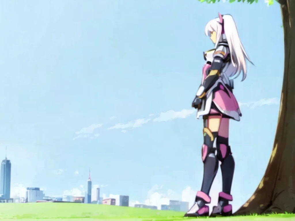 1girl, mecha musume, pink and black armor, light armor, standing, white hair, big tree, bush, uphill, blue sky, city from a far, pink eyes,