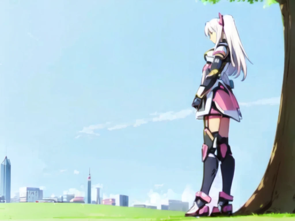 1girl, mecha musume, pink and black armor, light armor, standing, white hair, big tree, bush, uphill, blue sky, city from a far, pink eyes,