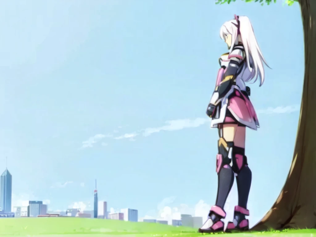 1girl, mecha musume, pink and black armor, light armor, standing, white hair, big tree, bush, uphill, blue sky, city from a far, pink eyes,