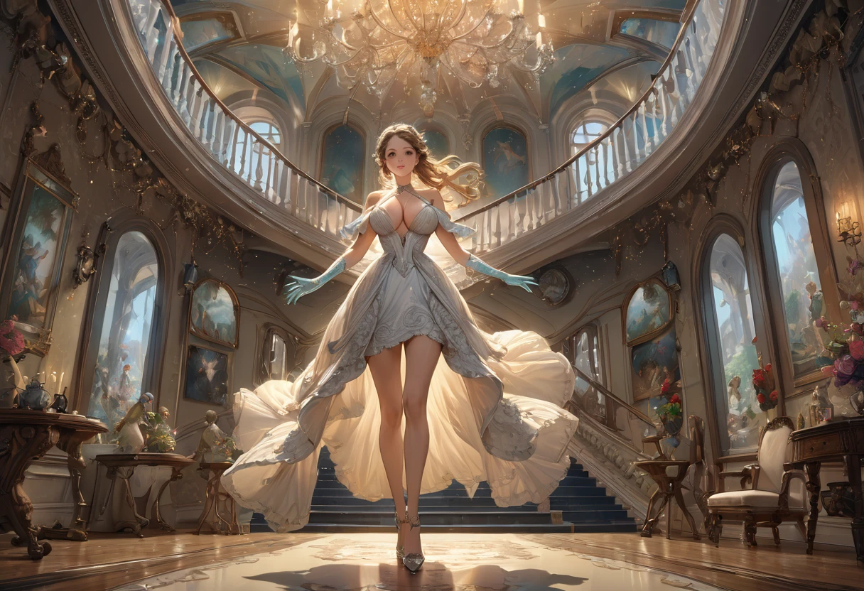 (masterpiece, best quality, ultra-detailed, illustration, painting), best illumination, dynamic angle, finely detail, (full body shot of a High Quality Victorian Era cute girl), (oil painting), (Francois Boucher), alphonse mucha, (Claude Monet), Franz Xaver Winterhalter, [NORMAN ROCKWELL], (PERFECT FACE:1.2), (HIGH DETAIL:1.2), SHARP, glitter many particles, artgerm, ((intricate details)), ((highres)), (finely detailed), absurdres, soft lighting, glow, (1girl), (solo), beautiful detailed glow, (large breasts), cleavage, (intricate halter backless dress), gloves, (highheels:1.14), [ornate mansion's foyer, bannisters in background], fantasy, elven, beautiful details, amazing details, (extremely detailed CG unity 8k wallpaper)