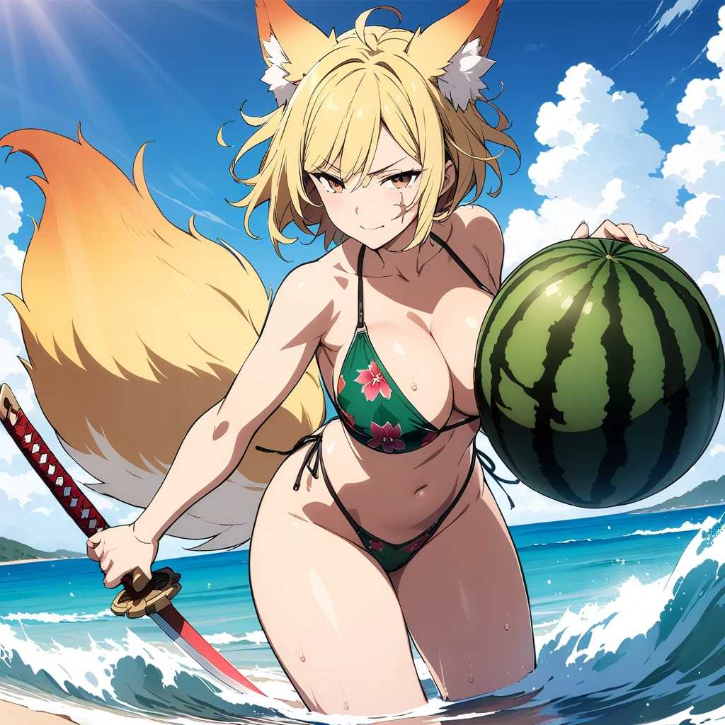 (masterpiece,best quality,very aesthetic,ultra-detailed),(illustration,official art),nsfw,solo,BREAK,1girl,30yo,curvy,large breasts,tall,stout build,bewitching,(blonde fox ears),(a fox tail),(blonde hair,short hair,messy hair),disheveled hair,(brown foxy eyes),half closed eyes,beautiful face,bare legs,comfortable,enjoyable,(smirk:0.8),(tropical atmosphere,flower print dark green layered highleg bikini,ultra highleg),(cameltoe:0.7),(scar on breasts,scar on cheek:1.2),BREAK,ocean,wave,sandy beach,summer sky,cowboy shot,wading,watermelon,Crushed watermelon,fighting stance,holding a katana,slashing,side glance