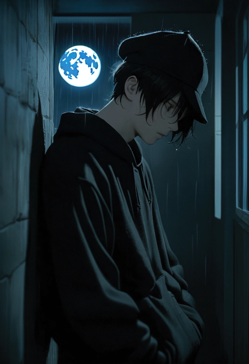 Anime photo with a thin black-haired boy leaning against the wall and looking at his body and face to the left, He has a black cap with a black sweatshirt and in the background there is a moon and it is night, the boy looks down sadly and it rains, 4k