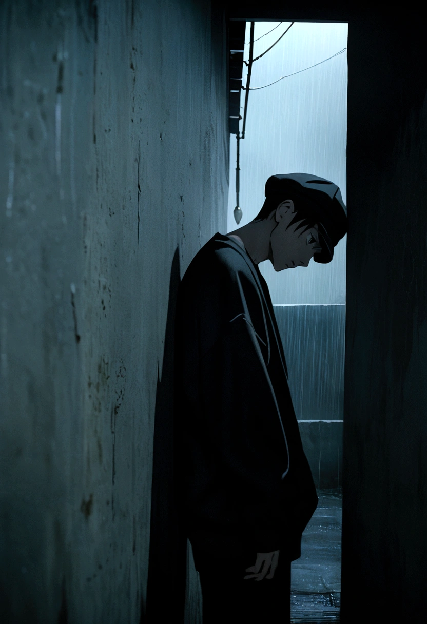 Anime photo with a thin black-haired boy leaning against the wall and looking at his body and face to the left, He has a black cap with a black sweatshirt and in the background there is a moon and it is night, the boy looks down sadly and it rains, 4k