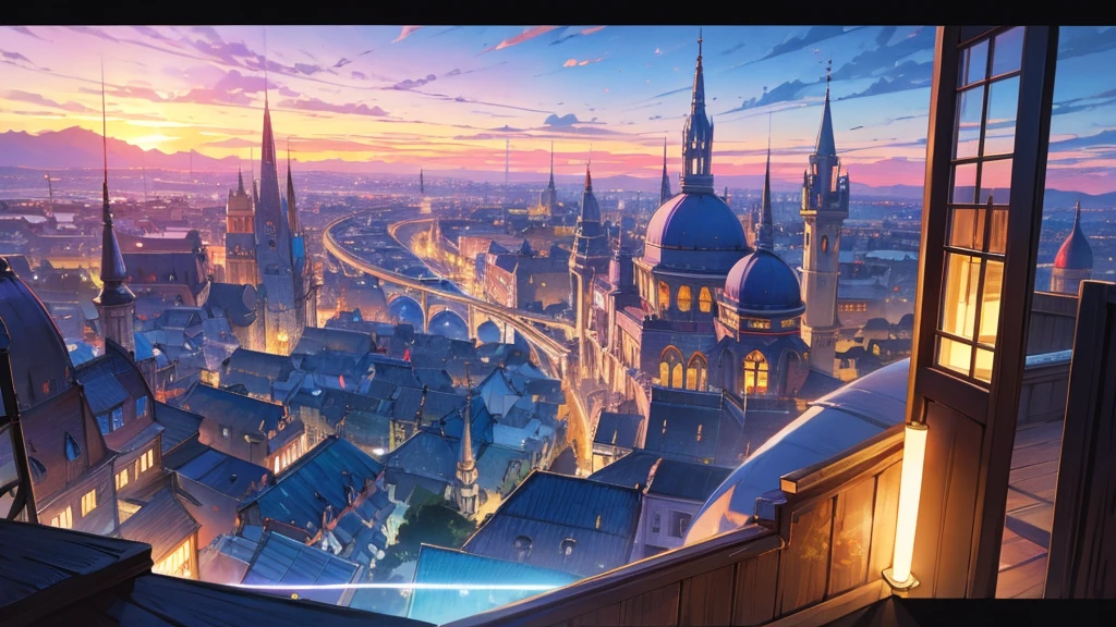 Anime Style,Nostalgic,Detailed background,Magical World,A lively bar with lots of people,Beautiful sky,Bard's Smiling Beauty Elf,guitar,Large Breasts,Healthy thighs