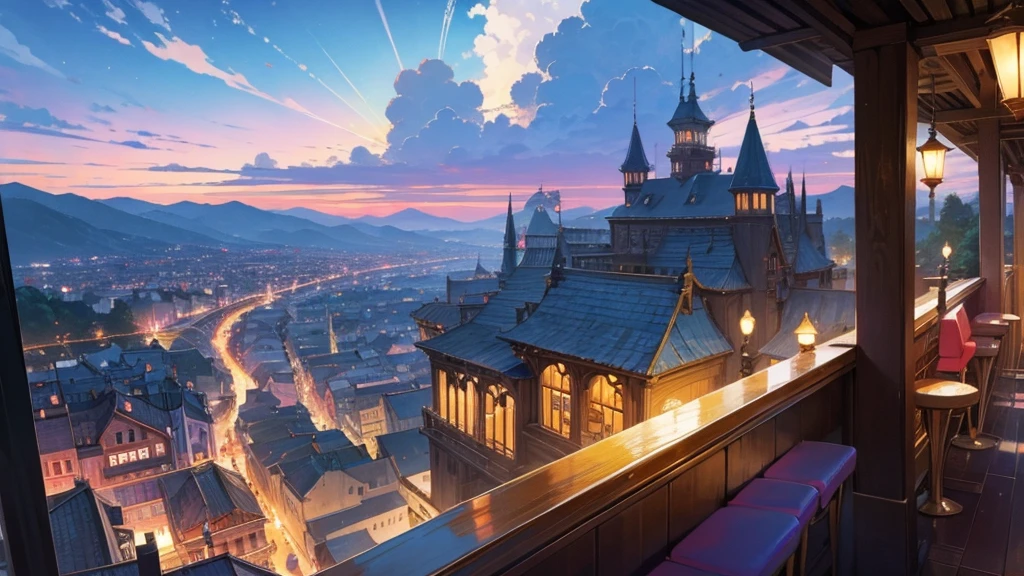 Anime Style,Nostalgic,Detailed background,Magical World,A lively bar with lots of people,Beautiful sky,Bard's Smiling Beauty Elf,guitar,Large Breasts,Healthy thighs