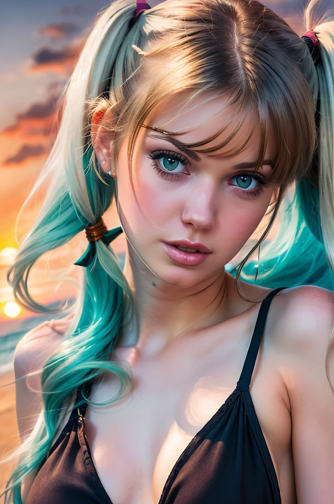 ((beste-Qualit)), ((tmasterpiece)), ((Realistic)), Ultra-detailed, young Anna Faris, (((Twin tails Medium Length Hairstyle!!!))), "Gucci" bikini, hot beach, sunset, Perfect colorful gradient, Illustration Style: Ernst Fuchs, 8к