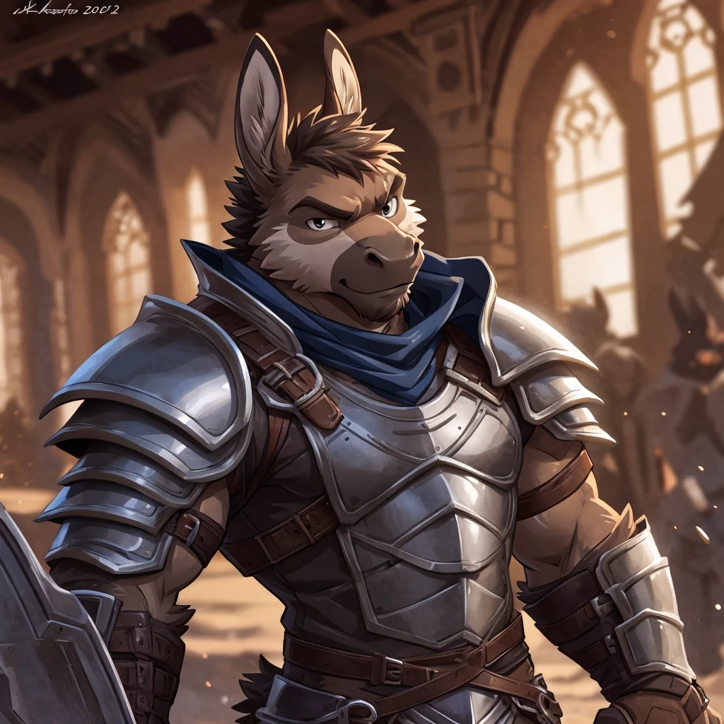 anthro donkey, ((young brown donkey)) 4k, high resolution, best quality, posted on e621, solo, anthro body, male, adult, slim, medieval, correct anatomy, (icon), (blurry background, out-of-focus background:1.2), (by takemoto arashi:1.0), (by wfa:1), (by Taran Fiddler:0.5), young, (cel shaded, cartoony shading:1.2), black lineart, black outline, flat coloring, (strong shadows, dark shadows:1.2), dynamic pose, portrait, close up to face, ((white and blur armor))