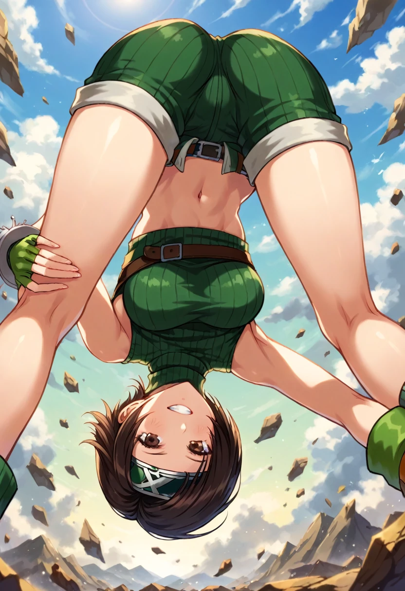 score_9, score_8_up, score_7_up,,BREAK source_anime, standing, legs apart, bent over, upside-down,straight-on,medium shot,looking_at_viewer,1girl, yuffie kisaragi, final fantasy, short hair,headband,navel,sleeveless,turtleneck,brown eyes,sleeveless turtleneck,solo,,,smile,gloves,crop top,brown hair,shorts,midriff,,sweater,open fly,fingerless gloves,ribbed sweater,medium breastsisaragi,grin, (best quality),(aesthetic,very aesthetic),(masterpiece, highres), (anime screenshot:0.8),