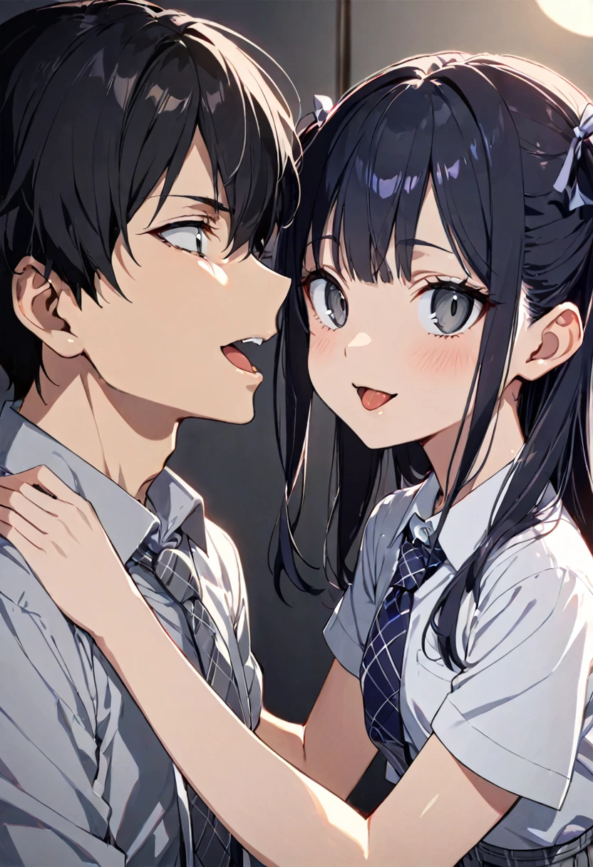 Licking a man's chest,side view,face focus,open mouth,tongue out,(1girl,Beautiful  girl),((Slender,Small breasts,Baby Face,S,)),looking at viewer,Black Hair,bangs,two side up,Gray Eyes,Drooping eyes,slit pupils,narrow eyes,,Short sleeve shirt,Grey checked tie,Grey checked mini skirt,Navy blue socks,Beautiful and detailed anime art,Mischievous smile,Dimly lit room,Simple Background,Gray background,Low lighting
