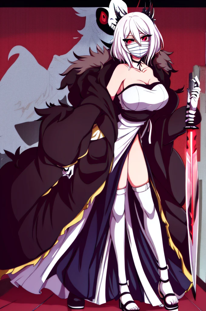 anime girl, bleach anime, soul reaper, sword, zanpakuto, vastolorde mask, fractured mask, hot, sexy, cute, black eyes, tall, full body, masterpiece, looking at the viewer, black fur on shoulders