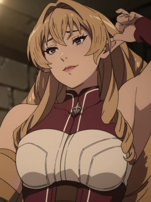 Best quality, masterpiece, ultra high res, 1girl, sexy, in the dark, deep shadow, low key, cold light, milf, blonde hair, dynamic light, cinematic lighting, cinematic lighting, down blouse, mature woman, middle parted hair, natural breast, upper body, milf, elinalise, seductive smile, armpits visible, realistic armpits