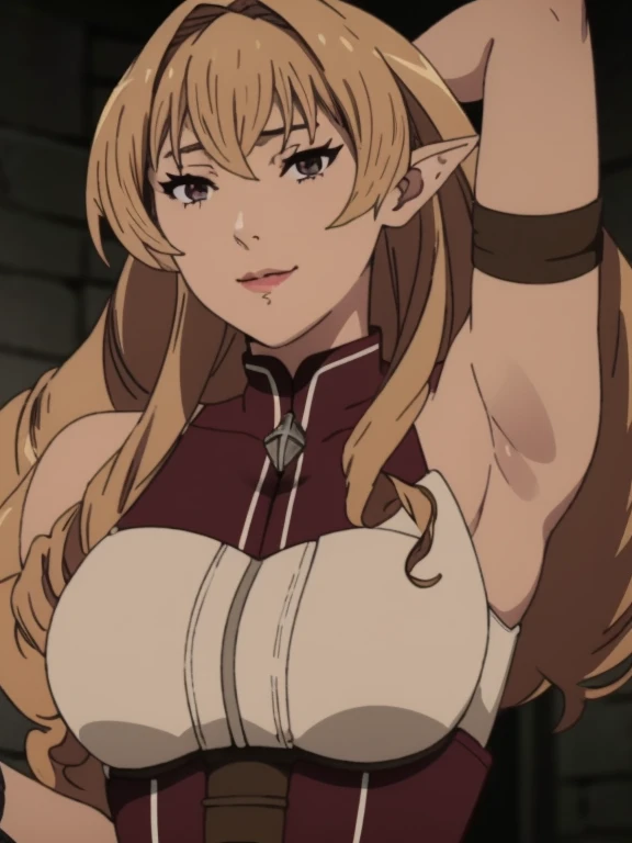 Best quality, masterpiece, ultra high res, 1girl, sexy, in the dark, deep shadow, low key, cold light, milf, blonde hair, dynamic light, cinematic lighting, cinematic lighting, down blouse, mature woman, middle parted hair, natural breast, upper body, milf, elinalise, seductive smile, armpits visible, realistic armpits