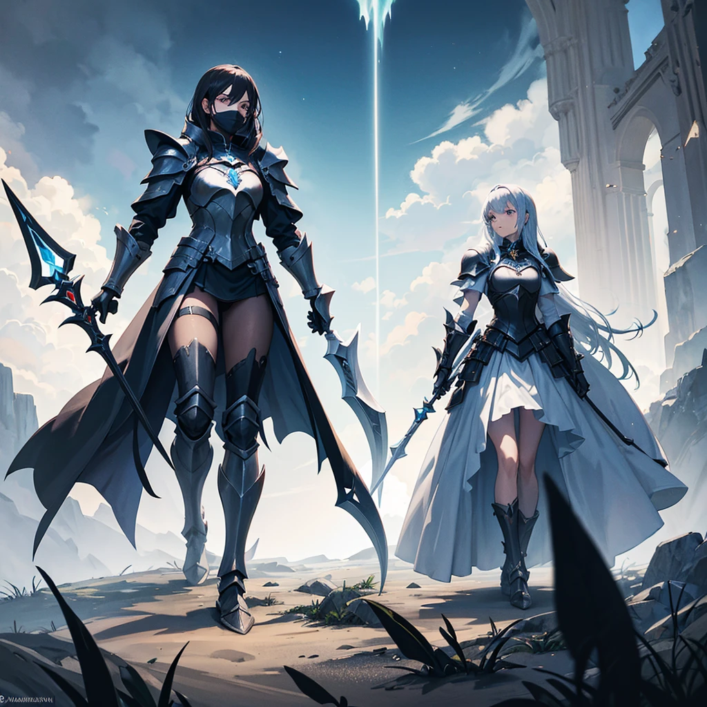 Knights and wizards in dark armor, with elemental weapons in their hands and black shields