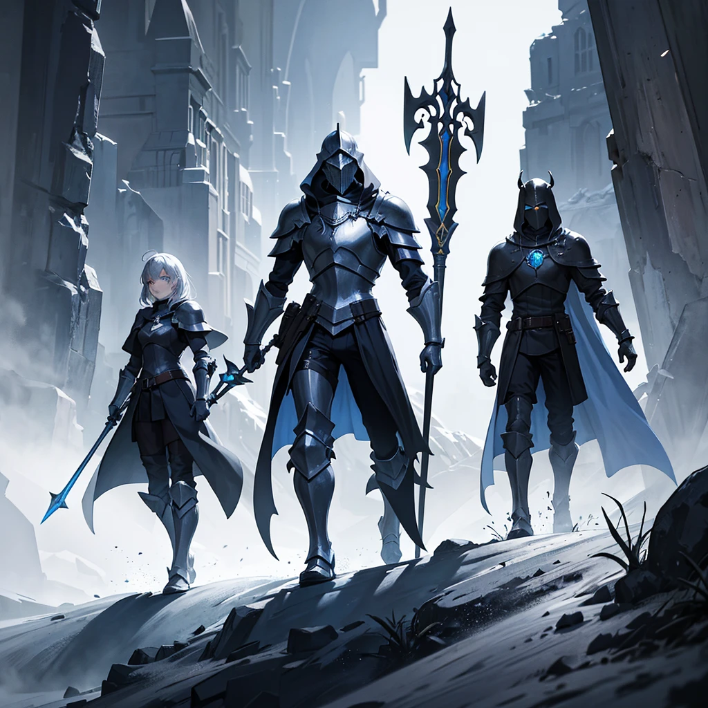Knights and wizards in dark armor, with elemental weapons in their hands and black shields