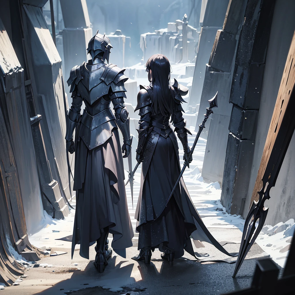 Knights and wizards in dark armor, with elemental weapons in their hands and black shields