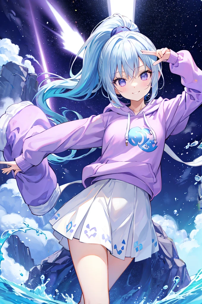 Light blue hair、Purple Eyes、High ponytail、cute、smile、Shaggy hoodie、White Skirt