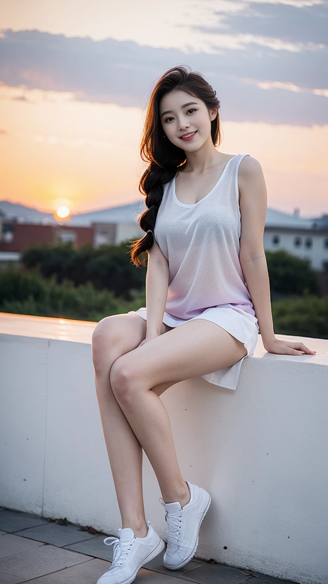 masterpiece, top quality, best quality,1girls,Korean, beautiful face, smile, long hair, 19 years old, tank top, Shift Dress, hills, ((Light grey straight dress:1.1)), full body view, sunset,White shoes (huge, saggy breast),(sexy pose),