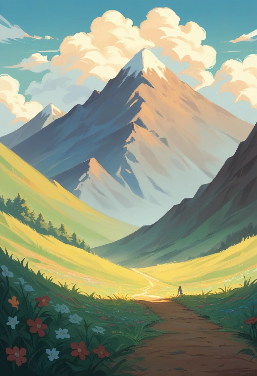 the boy runing on Landscape with grass, flowers, a mountain, and a clear sky