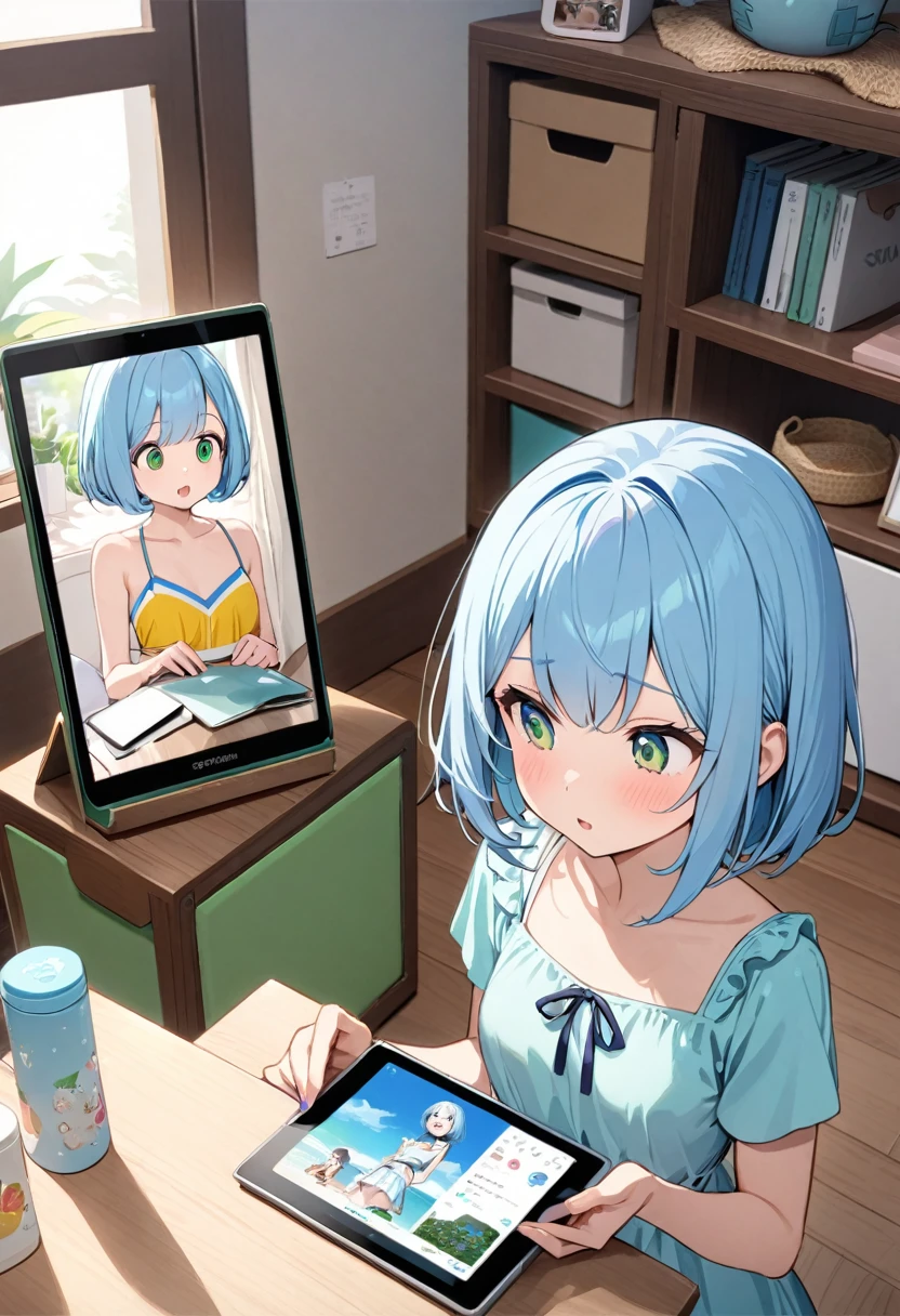 Light blue hair、Short Bob、Deep green eyes、Small breasts、Cute summer outfity Room、she is Talking to a girl displayed on a tablet