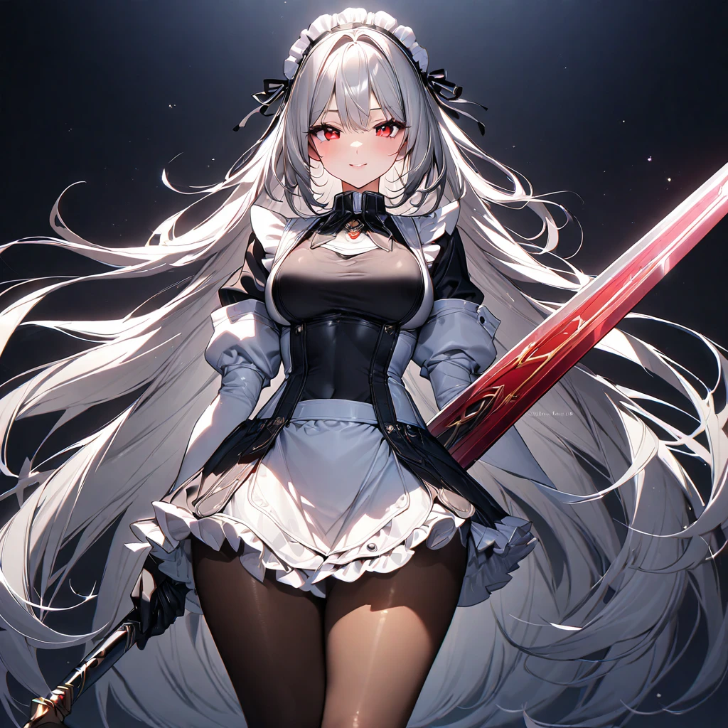 (masterpiece),(Highest quality),(Super detailed),(Best illustrations),(so beautiful), so beautiful長い脚,Silver Hair, Red eyes, Captivating smile, Very long hair, pantyhose, Maid, headdress, apron, mini skirt, holding weapon, huge sword