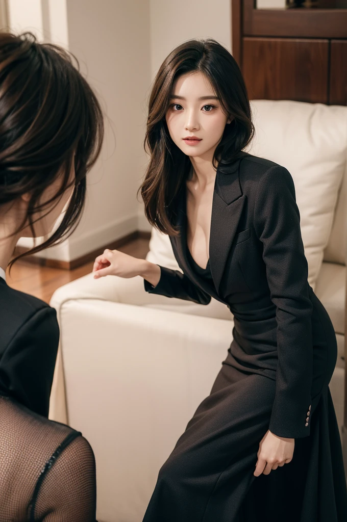 The two look at each other affectionately,one with long hair,Wear a suit,A person with short hair,Wear a dress,
8k ultra high definition, high quality