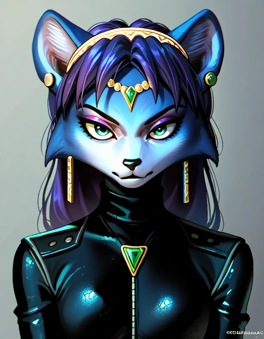 score_9, score_8_up, score_7_up, score_6_up, score_5_up, score_4_up, Krystal swift, violet hair, hair, long hair, purple eyeliner, black leather suit, silver circlet, green gemstone, ear piercing, gritty, dark, rating_questionable
