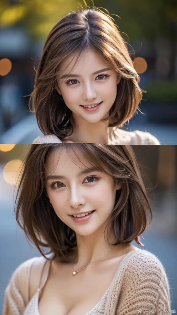 ((highest quality)), ((masterpiece)), (detailed), Perfect Face、Perfect body、Light brown hair、Beautiful Skin、Cleavage、girlfriend on date、Russian Beauty、(masterpiece:1.3), (8k, Photorealistic, Raw photo, Best image quality: 1.4), (Random Hairstyles:1.2)、Cleavage:1.2、Super detailed face、Attention to detail、double eyelid、Put your chest together、Sharp focus:1.2、Beautiful woman:1.4、Light brown hair、highest quality、masterpiece、超A high resolution、(Photorealistic:1.4)、Very detailed and professionally lit smiles、Loose, lightweight knitwear、Shoulders out、thin、Serious expression、Deadly position