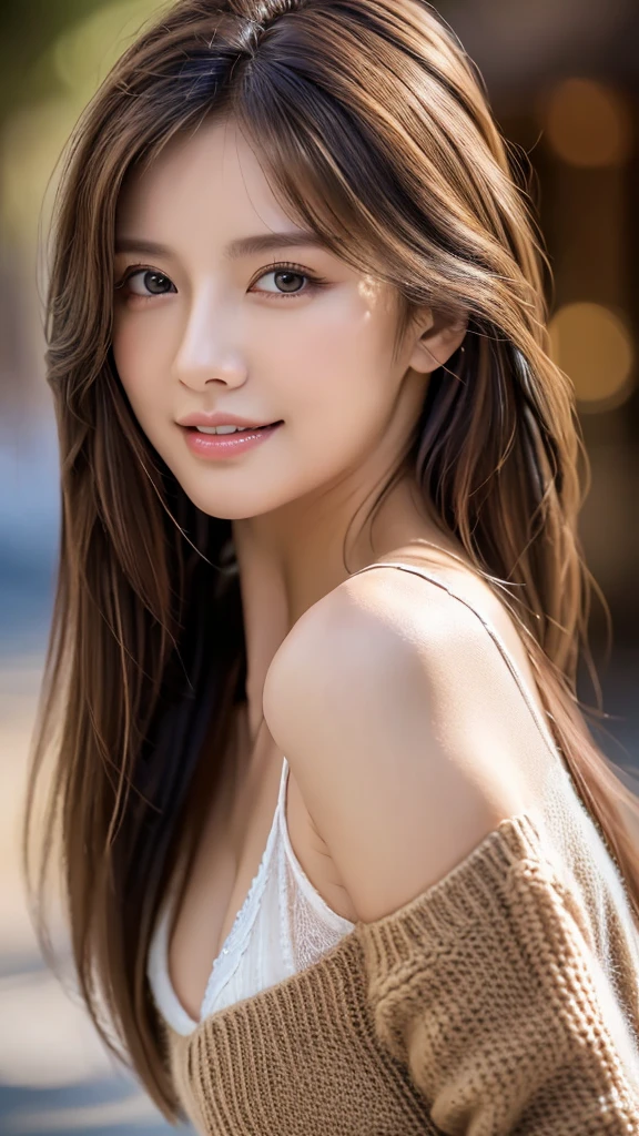 ((highest quality)), ((masterpiece)), (detailed), Perfect Face、Perfect body、Light brown hair、Beautiful Skin、Cleavage、girlfriend on date、Russian Beauty、(masterpiece:1.3), (8k, Photorealistic, Raw photo, Best image quality: 1.4), (Random Hairstyles:1.2)、Cleavage:1.2、Super detailed face、Attention to detail、double eyelid、Put your chest together、Sharp focus:1.2、Beautiful woman:1.4、Light brown hair、highest quality、masterpiece、超A high resolution、(Photorealistic:1.4)、Very detailed and professionally lit smiles、Loose, lightweight knitwear、Shoulders out、thin、Serious expression、Deadly position