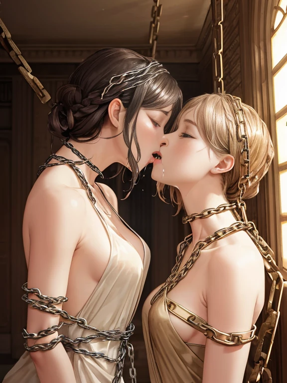 {(watercolor painting:1.2),(ultra realistic photo graphic style:1.1),(renaissance style:1.2)}, {(extremely detailed beautiful face and eyes and skin and hair)}, BREAK, {erotic face,anguish,(very ecstasy:1.2),(writhing:1.4),embarrassing,half open eye},{(very obscene pose:1.2),(arched back:1.2),(arch one's head:1.4)}, {(very Amazing mini length dress:1.2), (very beautiful mini length dress:1.2),(beige colored dress), (sky-blue colored dress), (green-yellow colored dress),(magenta colored dress),(salmon_red colored dress),(wet clothes:1.2)}, BREAK, {(many chains from the ceiling:1.4), (chain shibari:1.3),(chain bondage), (chain restraint),(wrap limbs with chains:1.8),(chain bind body),(chain in collar:1.2), confinement, shackles}, BREAK, {(2 woman, medium breasts, (lick each other:1.2, saliva), braid hair intricately)},{dynamic low angle view}, {(palace throne room:1.2),(glowing stained glass:1.2)}, BREAK,{(glowing tears:1.1),(pure white skin:1.1)}