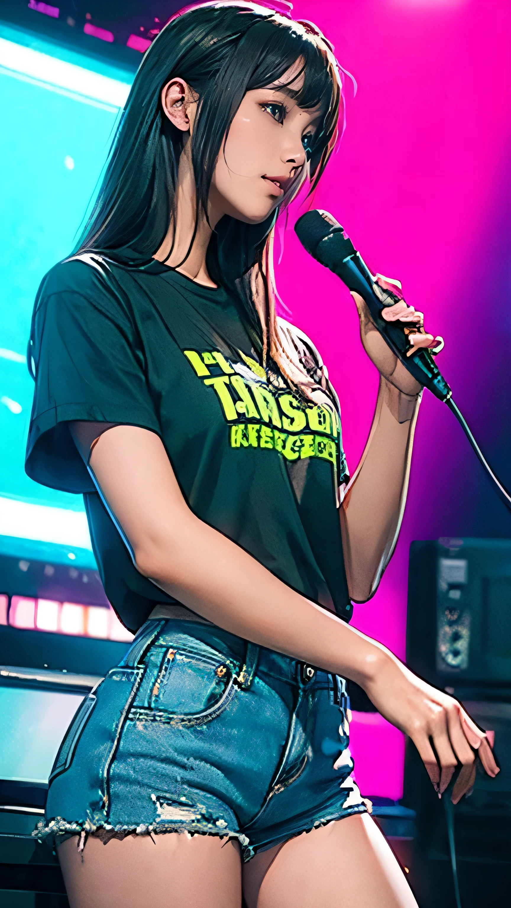 ((masterpiece,best quality;1.3,best illustration)),cowboy shot,1 woman wearing headphones,15 year old attractive beauty、female dj, hold a microphone and sing, neon light, recording studio, Wearing a short shirt and short pants,