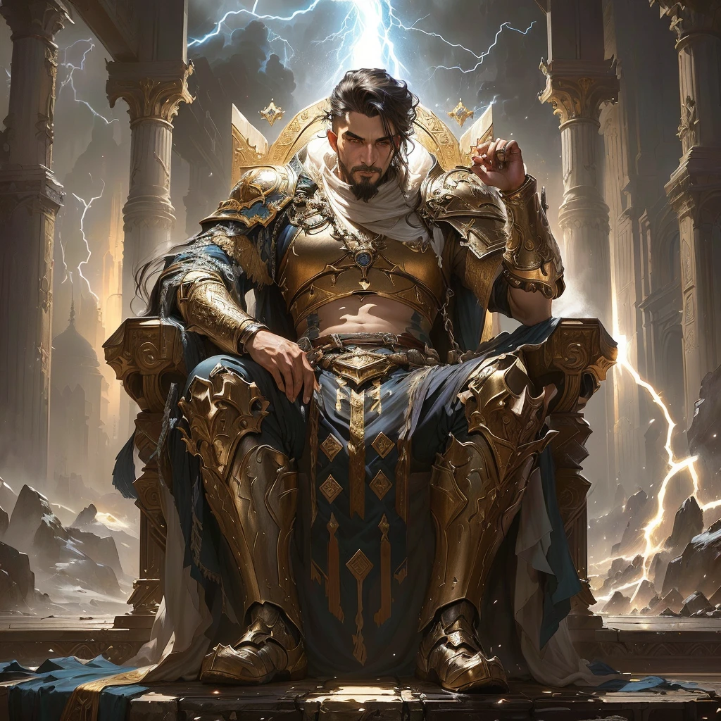 Alafud man sitting on the throne,Lightning in the background, peter mohrbacher Donated by Giancola, Tyler Edlin Fantasy Art, Wojtek Fuss, Ultra Detailed | Donated by Giancola, Complete art, adolf wolfli and Donated by Giancola, author:Donato Giancola, tuomas korpi and wlop, Fantasy card game art,White skin