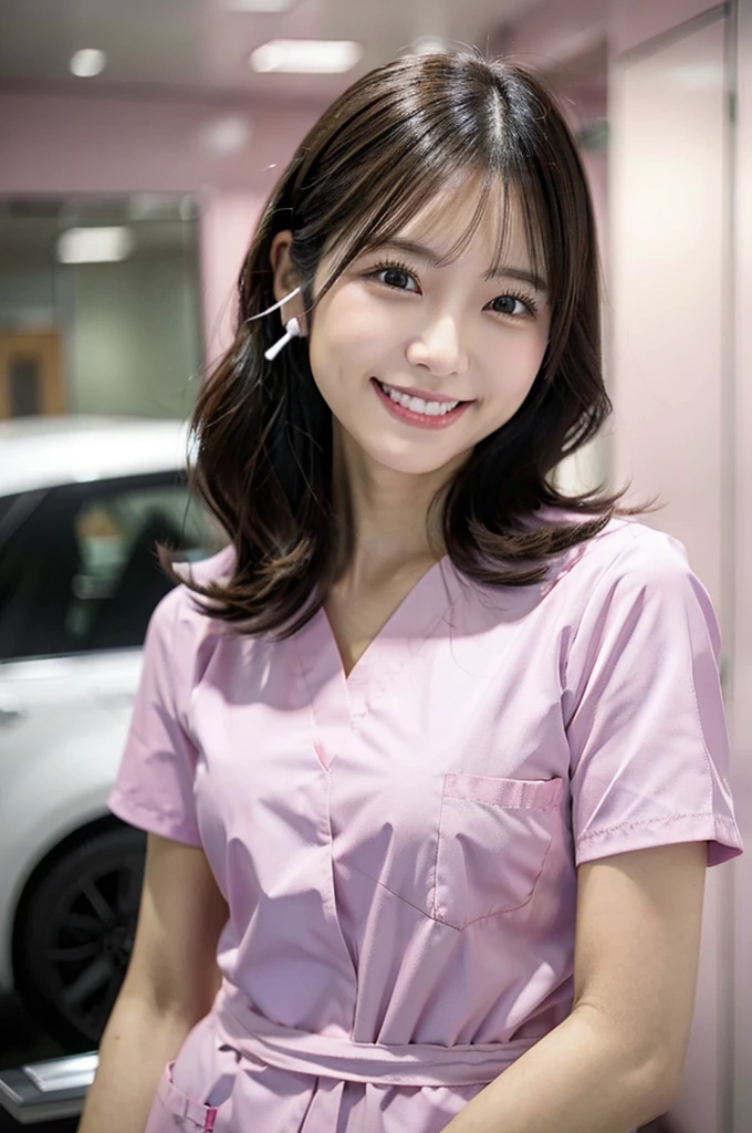 Dental hygienist woman smiling wearing pink medical scrubs　Pink, short sleeves, cute, Japanese, black hair, female, early 20s　high resolution　Highest quality 