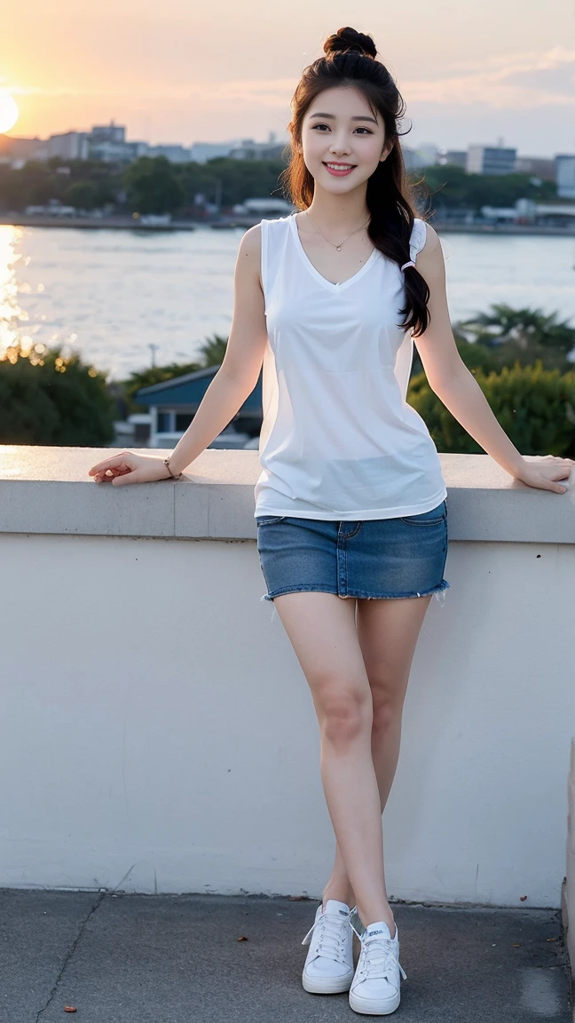 masterpiece, top quality, best quality,1girls,Korean, beautiful face, smile, long hair, 19 years old, Shift Dress, hills,(Casual Hairstyle, plum bossom:1.2),   (Detailed white camisole short vest 1.1),  full body view, sunset,White shoes (huge, saggy breast),(sexy pose),