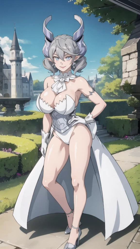 　garden sun light High level image quality　best image quality　8K　 adult woman   silver castle outside  more colors   whole body view　portrait　 naked super large breast   　horn    ears  　short hair（（shortcut）（gray hair）（perm）（fluffy））　eye color is blue ,  , 　attractive evil face , smile   ,  sexy pose   ,  labrynth ,  barearm  , gloves  , wearing white   , standing , view foot arc   , view side