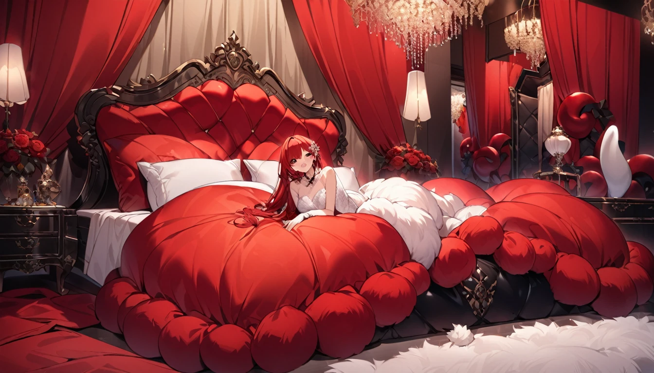 Realistic,highest quality, Super detailed, High-quality CG rendering, The most delicate and beautiful, Floating gently, High resolution, (1 girl), (Best image quality,4k,8K,masterpiece:1.2) , (All red-haired:1.5),(ponytail:1.5),(Red eyes:1.5),(Completely naked:1.5) Collapsed in bed,Defeated,,(Slightly larger breasts:1.5),Sleep,Are sleeping,Eyes closed,Open your mouth a little,(Prone:1.5),(Turn your back to your audience:1.3),Ass,(Piercing in left ear:1.3)