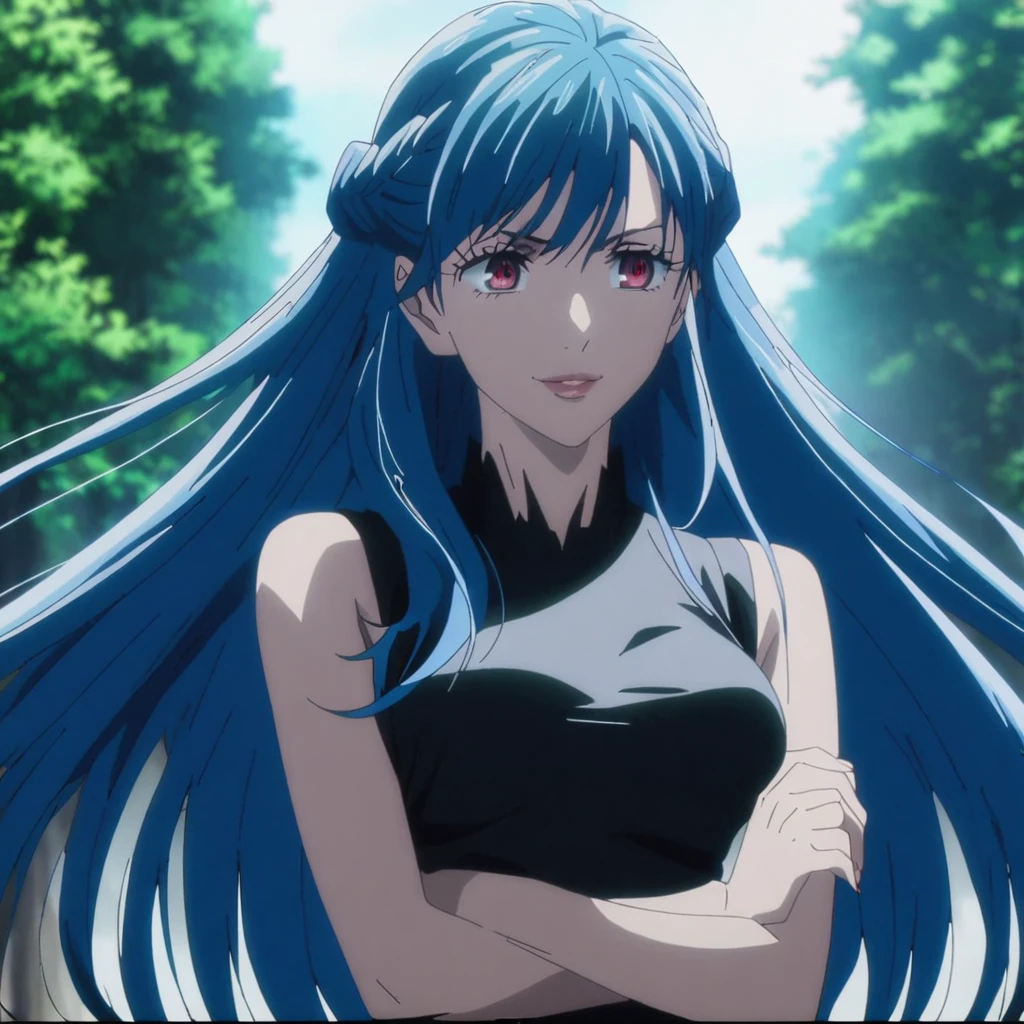1girl, anime screencap from jujutsu kaisen, solo, very long_hair, ((smooth texture hair)) purple eyes, ((long hair, blue hair, french braid, red_eye)), breasts, upper_body, smile, forest background, red_eyes, lips, ((long blue hair, elegant hairstyle, french braid ,red_eye)) wearing black color clothes, breast, "very detailed and high resolution" (red eyes) ((cross arms)) ((smooth texture hair)) ((solo)) ((high resolution)) (Good quality)