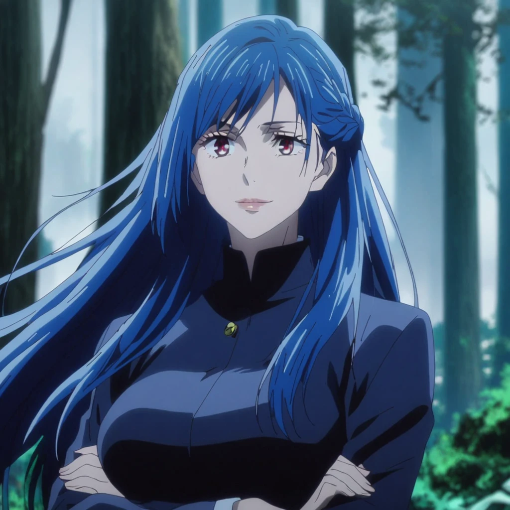 1girl, anime screencap from jujutsu kaisen, solo, very long_hair, ((smooth texture hair)) purple eyes, ((long hair, blue hair, french braid, red_eye)), breasts, upper_body, smile, forest background, red_eyes, lips, ((long blue hair, elegant hairstyle, french braid ,red_eye)) wearing black color clothes, breast, "very detailed and high resolution" (red eyes) ((cross arms))  ((smooth texture hair)) ((solo)) ((high resolution)) (Good quality) 