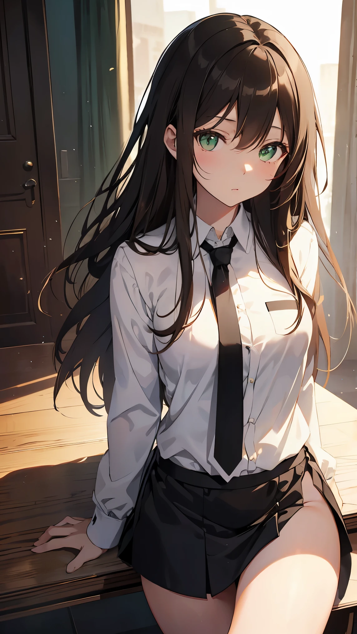 Shibuya rin, 1 girl, brunette, long hair, green eyes, dark shiny skin, White shirt, black tie, high detail, Luxurious view, bare legs, USA, brown hair 