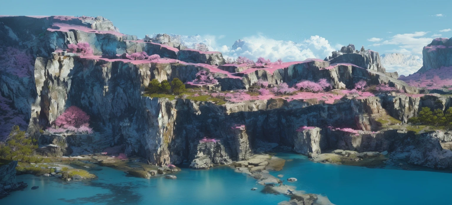 Blue sky and white clouds,Ultra-detailed scenes, 4K, Ultra HD, Huge layered rocks,Beautiful stone texture,The top of the rock is flat,There is a cave below,There is pink vegetation on it,and green grass and trees, The water is crystal clear, Photography lights, Real photos of the hospital